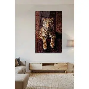 Mgi Design Güçlü Kaplan Dekoratif Lüks Halı Üzerinde Oturan Gerçekçi Leopar Cam Tablo | Hayvan Figürlü Dekoratif Duvar Tablosu, Salon, Ofis Ve Çalışma Alanı Dekoru, 30x45 cm