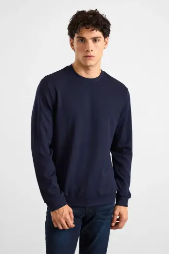 Lacivert Regular Dikey Çizgili Baskısız Jakarlı Bisiklet Yaka Cepsiz Düz Sweatshirt