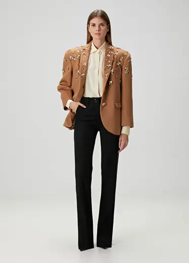 Camel Kaşmir Boncuk İşlemeli Kadın Blazer Ceket
