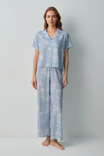 Mavili Rosanna Gömlek Yaka Pijama Takımı