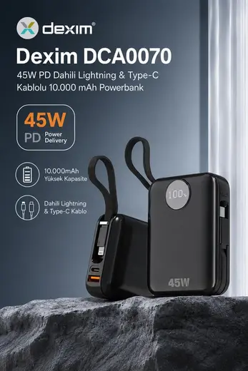Dexim 10.000 mAh 45W Lightning Type-C Kablolu Hızlı Taşınabilir Güç Kaynağı Şarj Cihazı DCA0070