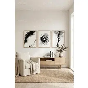 Tontilika Soyut Mürekkep Akışı 3’lü Ahşap Çerçeveli Tablo Seti 50 x 70 cm