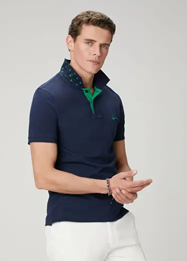 Slim Fit Lacivert Yaka Altı Baskılı Polo Tshirt