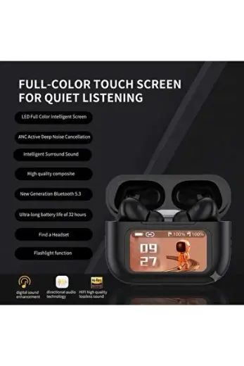 Dokunmatik LED Ekranlı Siyah-Beyaz Kablosuz Bluetooth Kulaklık (ANC Gürültü Engelleme & Akıllı Kasa)