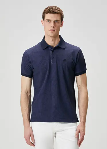Lacivert Polo Yaka Etnik Desenli T-shirt