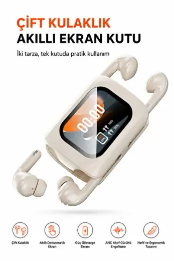 Monoise P-S2 Akıllı Dokunmatik Ekranlı Bluetooth Kulaklık, ANC Gürültü Engelleme, Çift Kulaklık Tasarımı, 50 Saate Kadar Batarya, Kadın Erkek Kablosuz TWS Kulaklık
