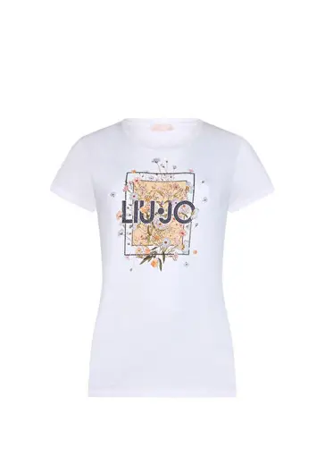 Beyaz Taş Detaylı Baskılı Kısa Kollu Kadın T-Shirt