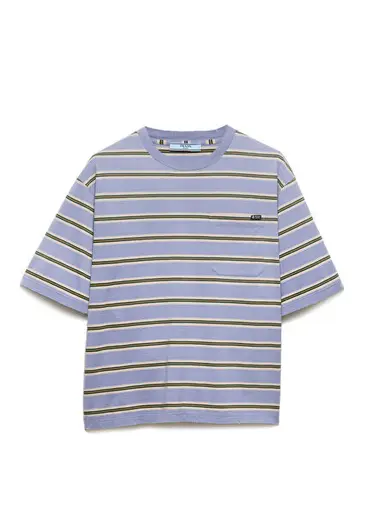 Çizgili Açık Mavi Jarse Oversize Kısa Kollu Kadın T-shirt