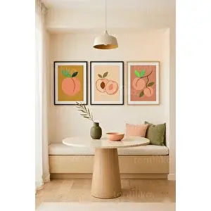 Tontilika Şeftali Temalı Sakin Köşe 3’lü Ahşap Çerçeveli Tablo Seti 50 x 70 cm