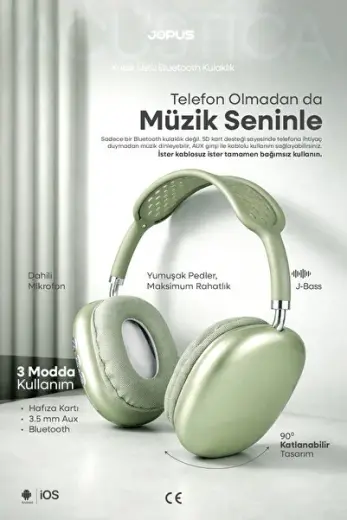 Bluetooth Kulaklık iOS Android Uyumlu Yüksek Ses Kalitesi Mikrofonlu Kulaklık Acustica Yeşil
