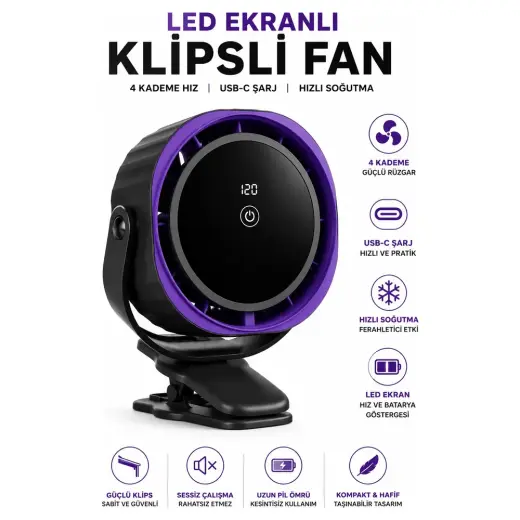 Robeve Blic LED Ekranlı Şarjlı Klipsli Fan Usb-C Şarjlı Masaüstü Vantilatör – 4 Kademeli Güçlü Rüzgar, Dijital Gösterge, Sessiz Mini Fan, Taşınabilir Masa ve Bebek Arabası Klipsli Fan