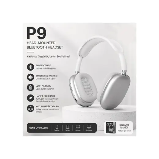 P9 Plus Kulaküstü Kablosuz Kulaklık Şarjlı Wireless Headphone Bluetooth Lu Hafıza Kartı Ve 3.5mm Jack Girişli Type C Şarj Girişli Mikrofonlu Kulaklık Mp3 Müzik Çalar