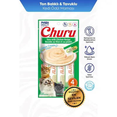 INABA CIAO Churu Cream Ton Balıklı ve Tavuklu Krema Kedi Ödül Maması 14gr (4'lü)