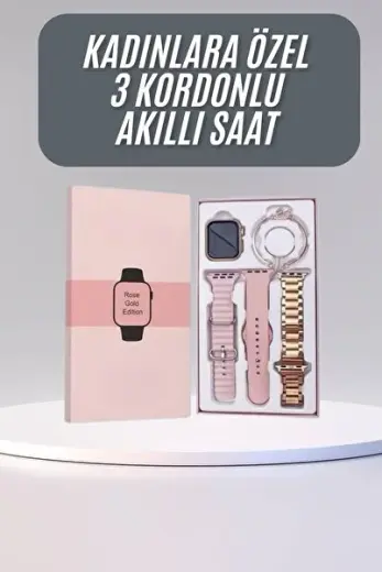 Akıllı Saat 3 Kordonlu Ve Aksesuarlı Bayanlar Için Şık Rose Renk