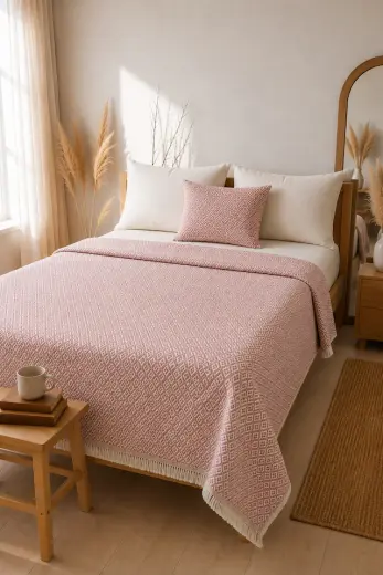 Lunga Vita Dokuma Pike Çiftkişilik 200x220 Çok Amaçlı Bohem Yatak Örtüsü Pembe