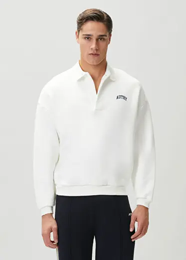 Kırık Beyaz Polo Yaka Sweatshirt