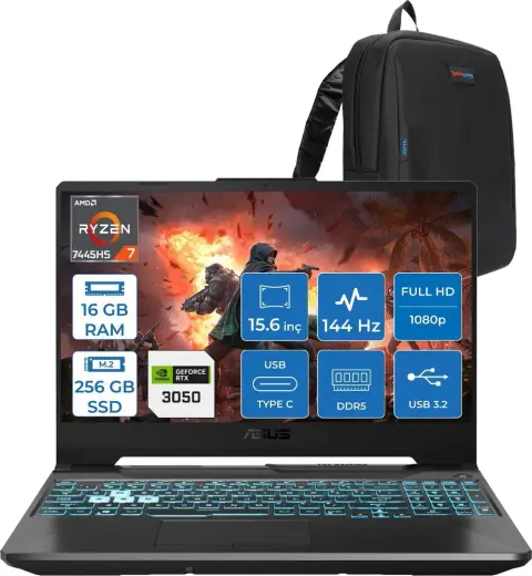 Asus Tuf Gaming A15 – FA506NCG Amd Ryzen 7-7445HS 16GB Ddr5 256GB SSD Rtx 3050/4GB 75W 15.6 Inç Full Hd 144Hz Ips-Level Freedos Gaming Bilgisayar HN206AF01+ZETTAÇANTA