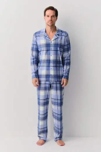Mavi Ekoseli Sam Erkek Gömlek Yaka Pijama Takımı