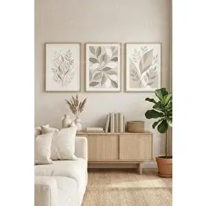 Tontilika Bej Botanik Yapraklar 3’lü Ahşap Çerçeveli Tablo Seti 21x30 cm