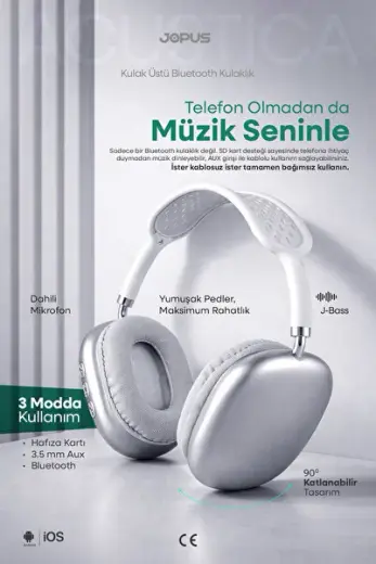 Bluetooth Kulaklık iOS Android Uyumlu Yüksek Ses Kalitesi Mikrofonlu Kulaklık Acustica Gri
