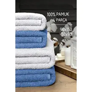 Mira Home 4 Lü Banyo Havlusu Takımı Soft Büyük Havlulu Pamuklu Havlu Seti 90x150 Cm Beyaz Mavi