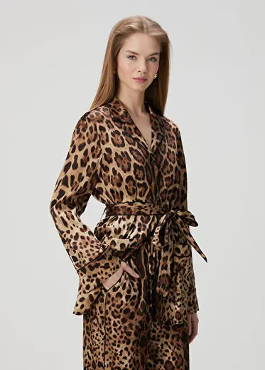 Leopar Desenli İpek Pijama Gömlek
