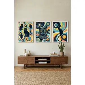 Tontilika Kozmik Kedili Modern Sanat 3’lü Ahşap Çerçeveli Tablo Seti 21x30 cm