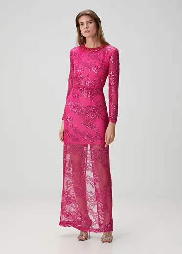 Fushia Lace File Dantel İşlemeli Kadın Uzun Abiye Elbise