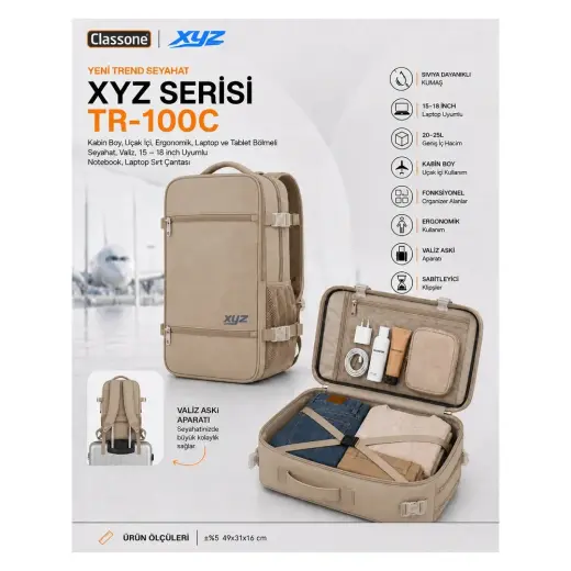 Classone Xyz Serisi TR-100C Kabin Boy ,uçak Içi , Ergonomik, Laptop ve Tablet Bölmeli, Seyahat, Valiz, 15 -18 Inch Uyumlu Notebook, Laptop Sırt Çantası – Camel