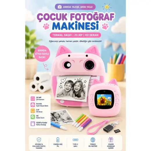 Robeve Çocuk Fotoğraf Makinesi Anında Termal Baskılı – 20 Mp Çift Kameralı, 2.0” Hd Ekranlı, Siyah Beyaz Baskı, Eğitici Oyunlu, Type-C Şarjlı Çocuk Kamerası