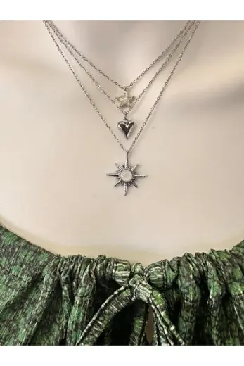 3'lü celik charm kolye , yıldızlı kolye , kalpli kolye , kutup yıldızı kolye , 3'lü kolye seti