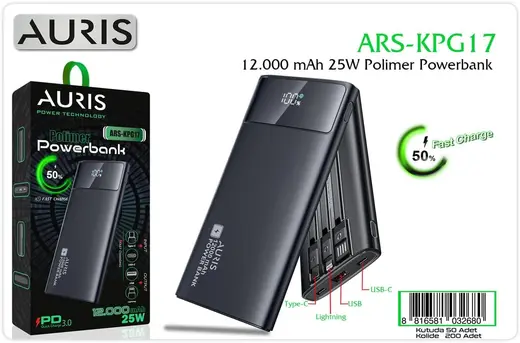Auris KPG17 12.000 mAh 25W Hızlı Şarj Powerbank, Siyah