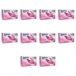 Dolphin Tek Kullanımlık Pembe Nitril Eldiven - Muayne Eldiveni Large Büyük Boy - 100'lü 10 Paket