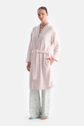 Açık Pembe Uzun Kollu Şönil Örme Sabahlık