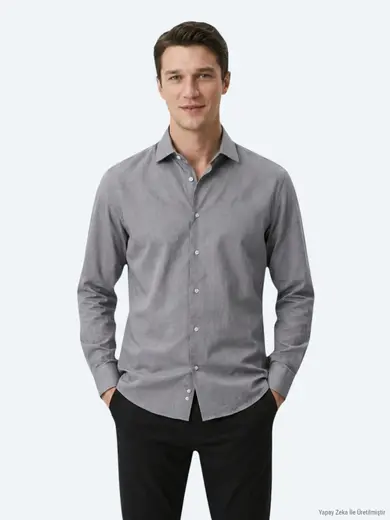 Gri Regular Fit Uzun Dokuma Casual Pamuk Karışımlı Gömlek