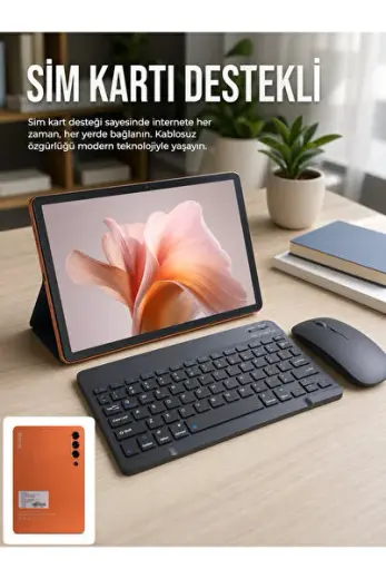 SIM Kart Destekli Android Tablet Bluetooth Klye ve Kablosuz Mouse Seti Geniş Ekran Taşınabilir Tasar