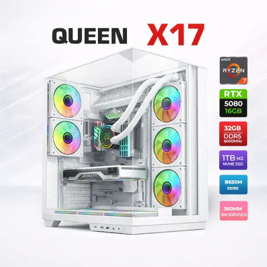 Xaser Queen X17 R7-9800X3D 32 GB 1 TB SSD 16 GB RTX5080 Free Dos Masaüstü Oyuncu Bilgisayarı
