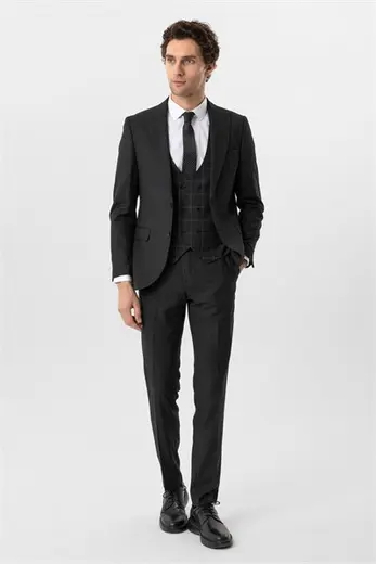 Antrasit Slim Fit Armürlü Sivri Yaka 6 Drop Yelekli Klasik Takım Elbise