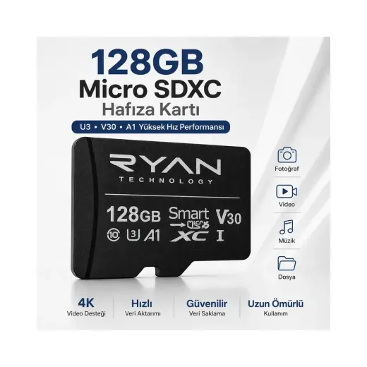 Ryan 128 GB Micro Sd Hafıza Kartı U3 V30 A1 Sdxc 4K Video Destekli Yüksek Hızlı Telefon Kamera Drone Hafıza Kartı