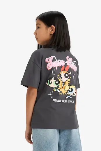 %100 Pamuk PowerPuff Girls Oversize Geniş Kalıp Bisiklet Yaka Sırt Baskılı Kısa Kollu Tişört Kız Çocuk