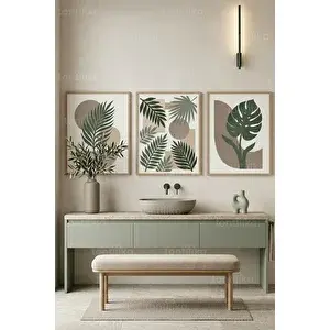 Tontilika Modern Botanik Banyo Konsepti 3’lü Ahşap Çerçeveli Tablo Seti 50 x 70 cm