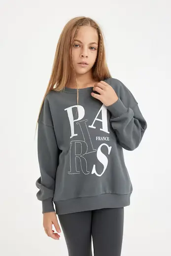 Antrasit Oversize Geniş Kalıp Bisiklet Yaka Baskılı Sweatshirt Kız Çocuk