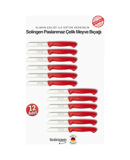 Solingen Profesyonel Kırmızı Meyve Bıçağı Ultra Keskin Paslanmaz Çelik Mutfak Bıçağı - 12'li Set Kırmızı
