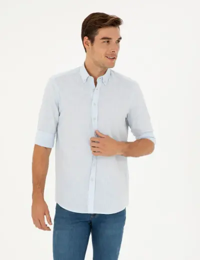 Açık Mavi Keten Karışımlı Regular Fit Uzun Kollu Gömlek