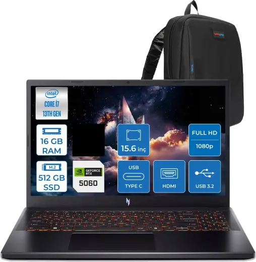 Acer Nitro V 15 ANV15-52 Intel Core I7 13620H 16GB 512GB SSD Nvıdıa Geforce RTX5060 8gb 75W Freedos 15.6" FHD(1920 x 1080) IPS 165HZ Taşınabilir Bilgisayar NHQZ8EY002F07 + Zetta Çanta