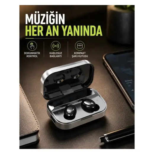 Masa Dostu Gerçek Kablosuz Kulaklık – Bluetooth 5.0, Şarj Kutulu, Parmak Izi Kontrollü Tdms-07