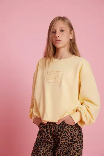 Oversize Geniş Kalıp Bisiklet Yaka Baskılı Sweatshirt Kız Çocuk