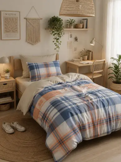 Mystory Home Lastikli Çarşaflı Tek Kişilik Nevresim Takımı Plaid Lacivert