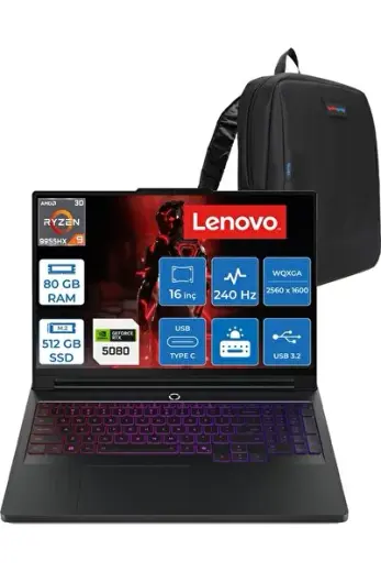 Legion Pro 7 Amd Ryzen 9 9955HX3D 80GB 512GB SSD 16GB/RTX5080/175W 16" Wqxga (2560X1600) OLED 1000NITS 240Hz Freedos Gaming Bilgisayar L83RU0031TRF25 + Zettaçanta