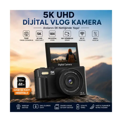 Robeve 5K UHD 75MP 18X Zoom Döner Ekranlı Dijital Vlog Fotoğraf Makinesi